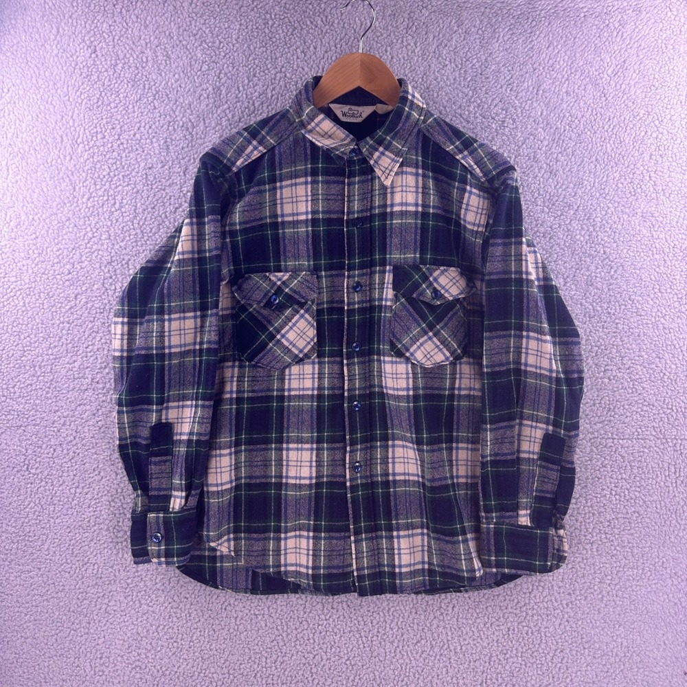 Vintage Woolrich Plaid Wool Blend Flannel Shirt Made in USA Navy Green Men Large